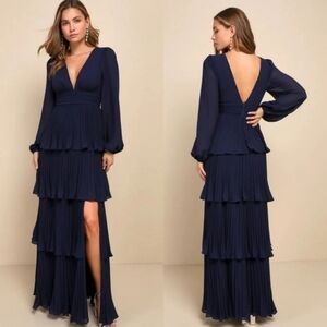 Lulus Graceful Finesse Navy Blue Pleated Long Sleeve Maxi Dress Size M Party